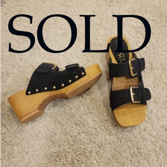 Rogue Shoes - SOLD 👠New Black Wood Clog Wedge Platform Suede Buckle Sandal Shoe Slip On Sl💃